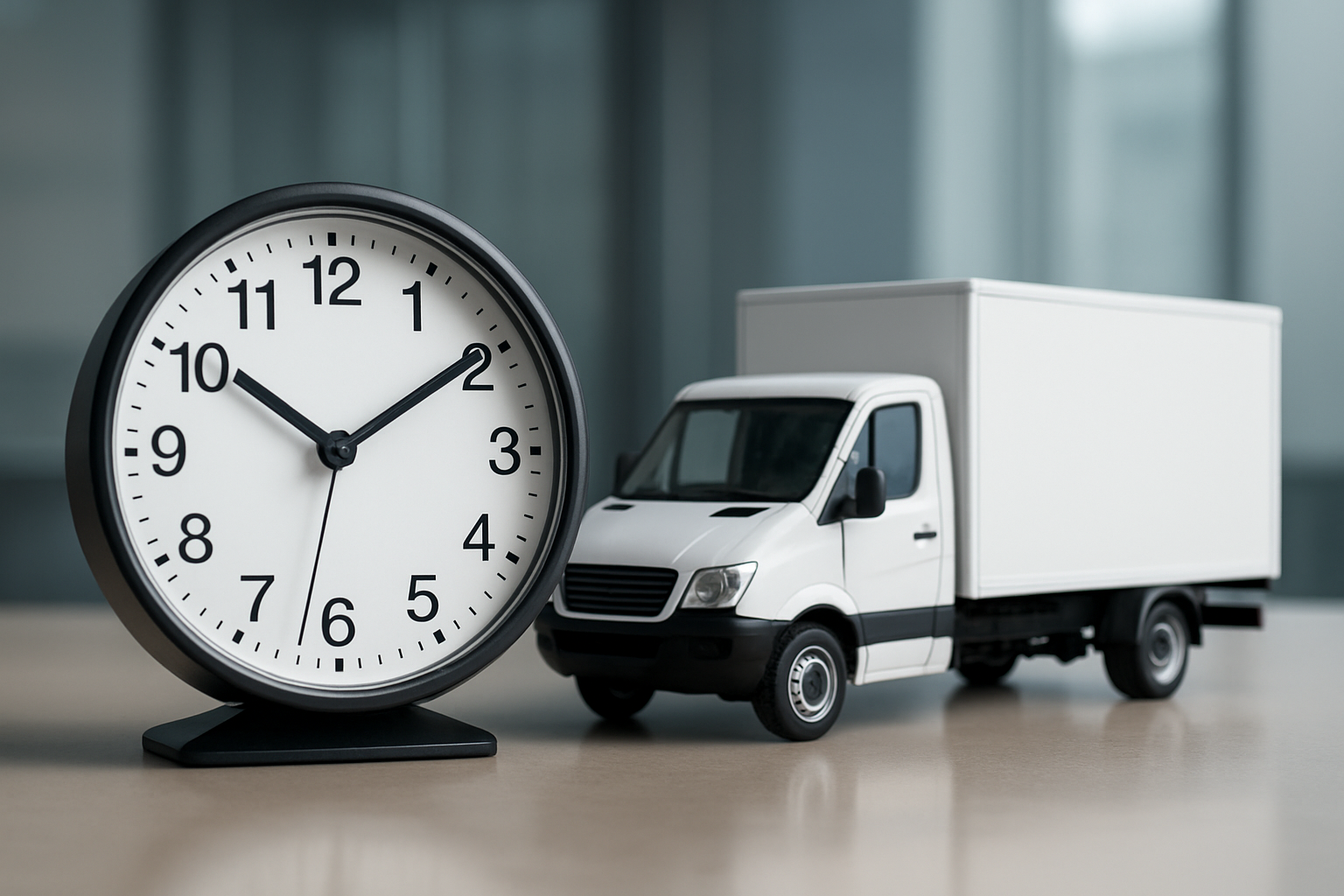 A clock next to a toy delivery truck, illustrating the concept of time-sensitive logistics.